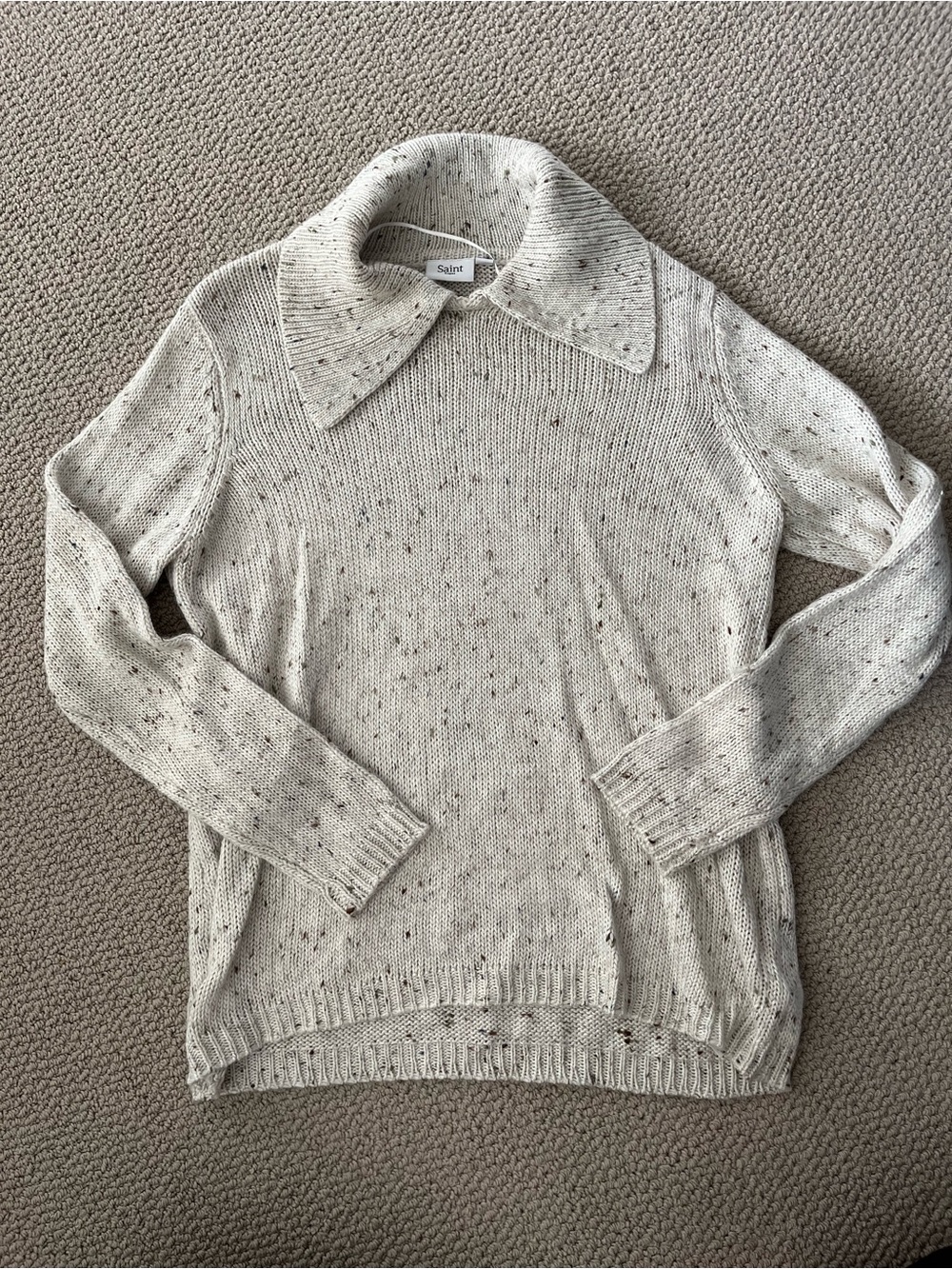 Saint Tropez Cream Speckled Polo-Collar Crewneck Sweater